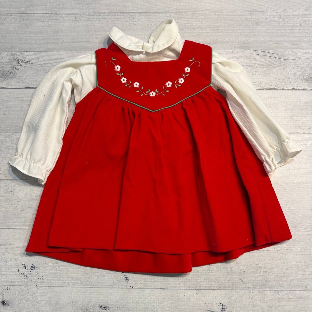 Vintage kids baby red velour dress with long sleeve shirt 12 months